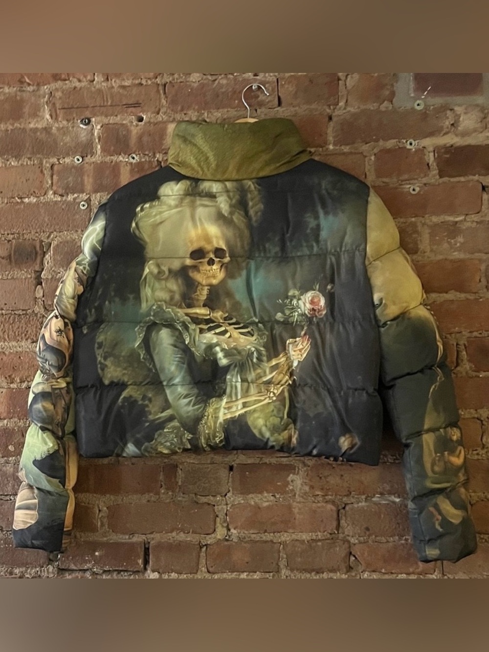 Skeleton Print Puffer Jacket in Olive and Black - Picture 2 of 2